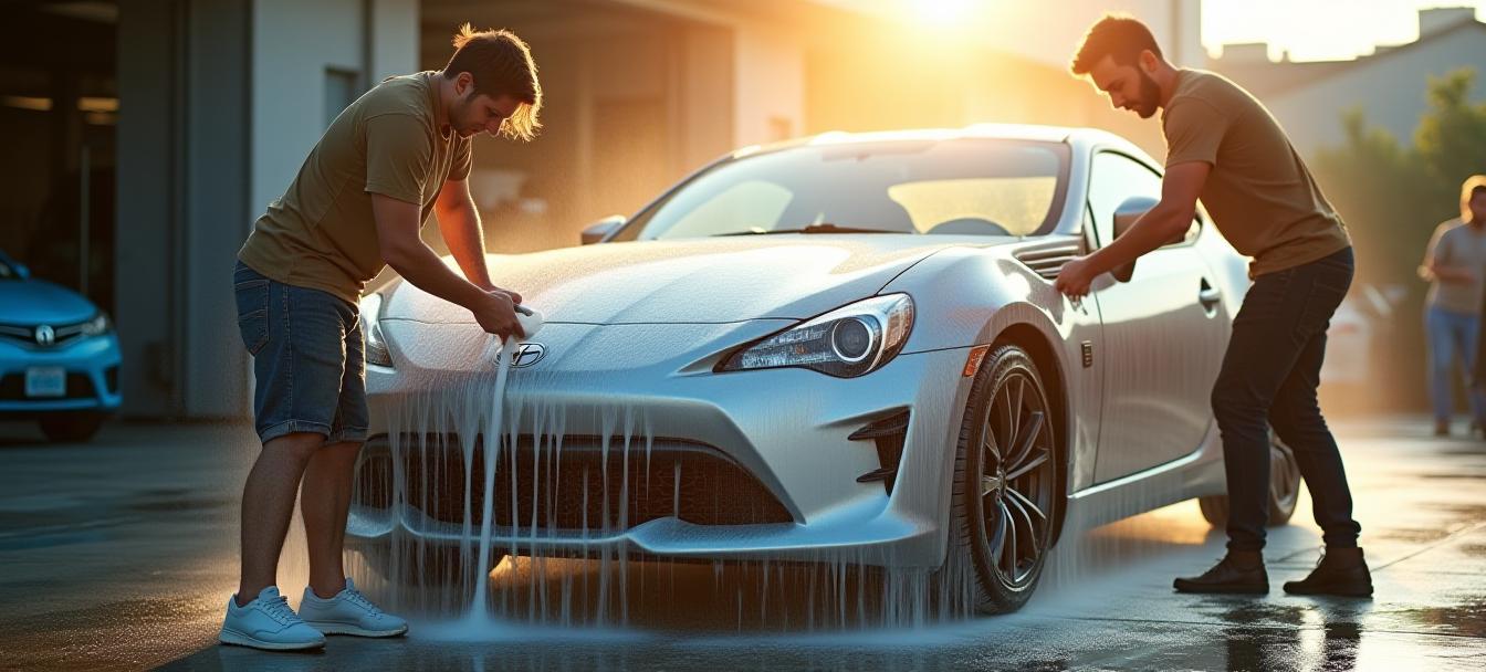CrystalWave team hand-washing a premium car under sunlight